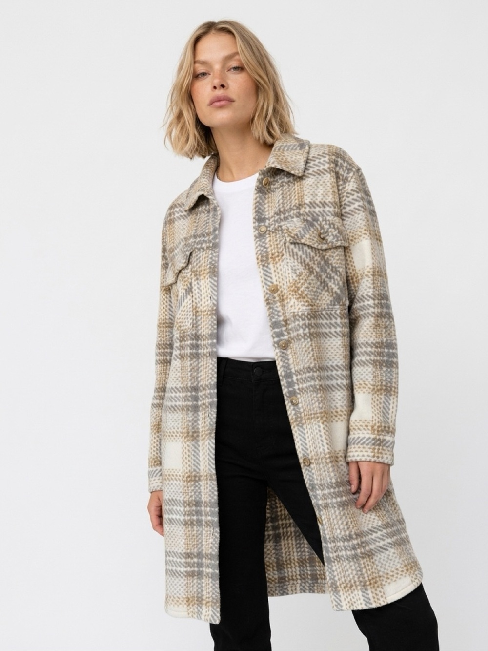 Sabrina Lauren long plaid shacket jacket shirt